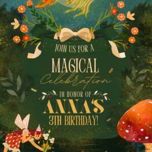 Woodland Magic Party Invitation Featuring Fairies, Stars, and Mushrooms