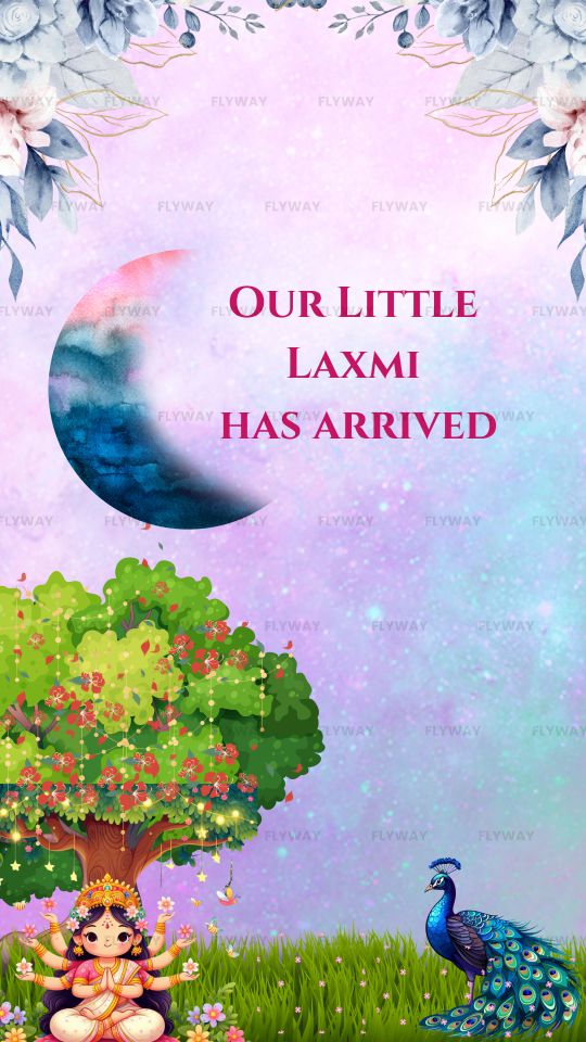Spiritual Baby Girl Arrival Invitation Video with Laxmi Theme and Peacock Illustration
