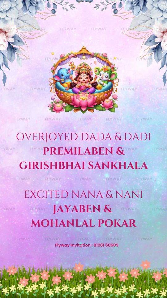 Baby Girl Welcome Invitation with Laxmi Illustration and Dreamy Garden