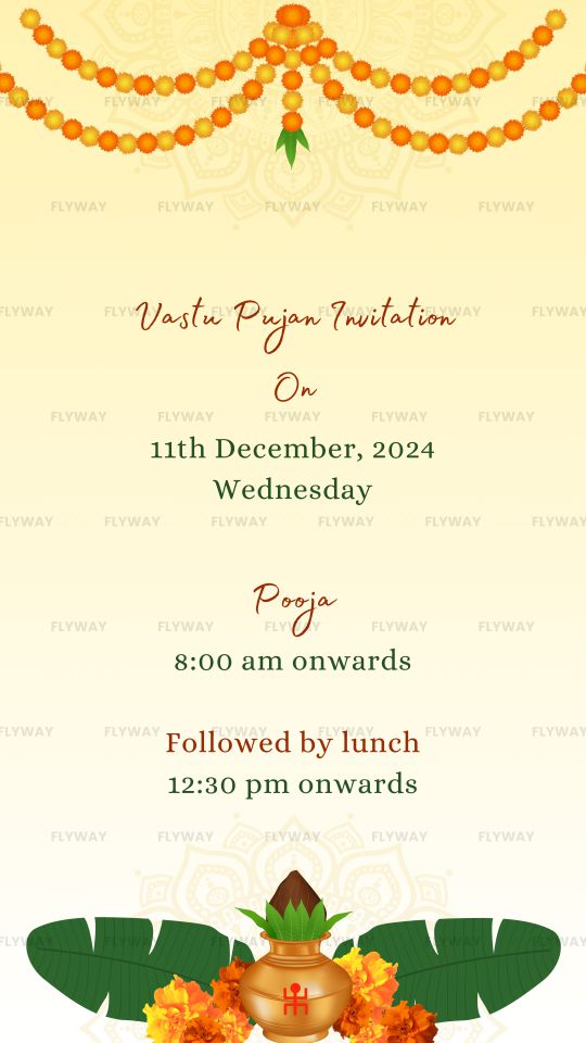 Indian Housewarming E-Invite with Kalash and Yellow Marigold Garlands