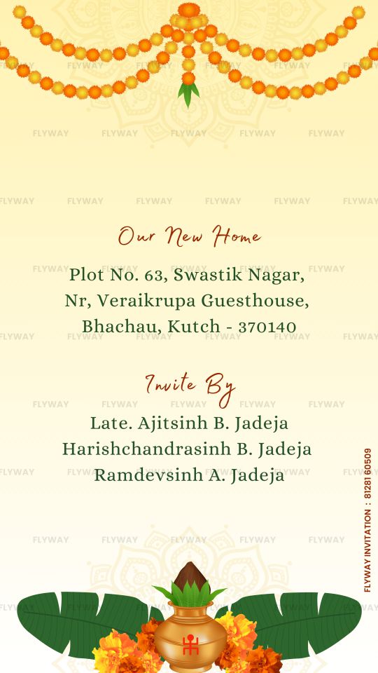 Griha Pravesh Video Invite Featuring Yellow Floral Decor and Kalash