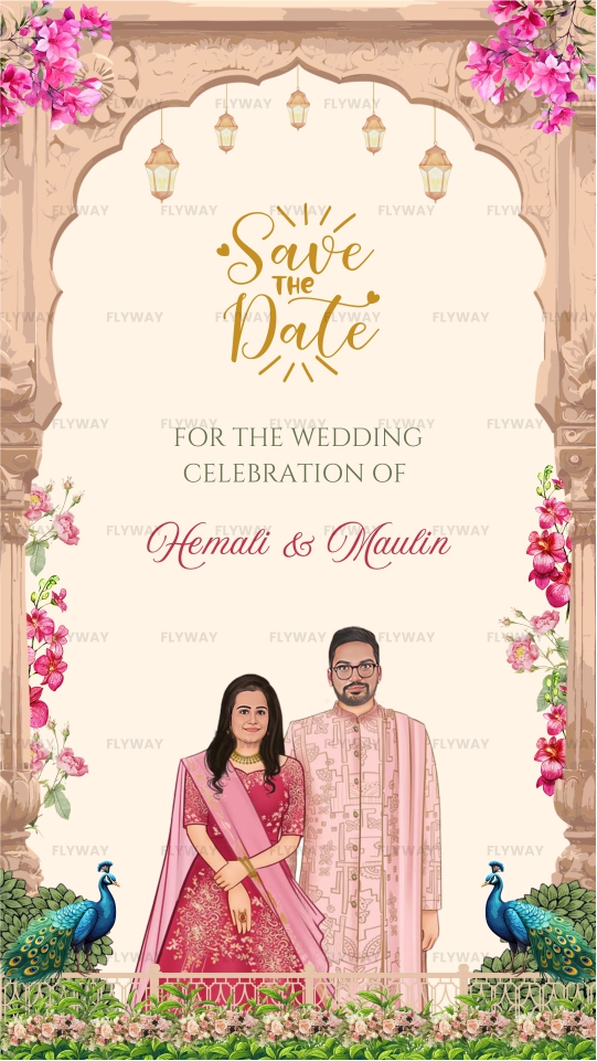 Traditional Indian Wedding Save the Date Video with Carved Arch, Peacocks, and Couple Portrait