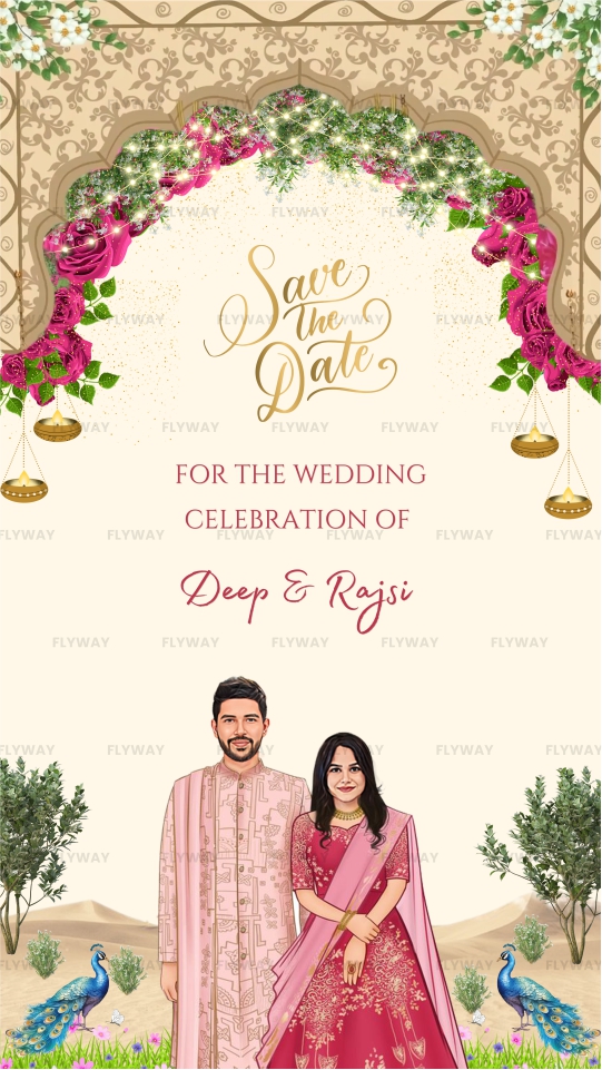 Royal Indian Save the Date Wedding Video Invite with Musicians, Peacocks, and Floral Decor