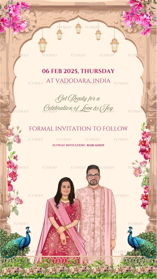 Royal Floral Arch Save the Date Wedding Invitation Video with Couple Caricature and Peacocks