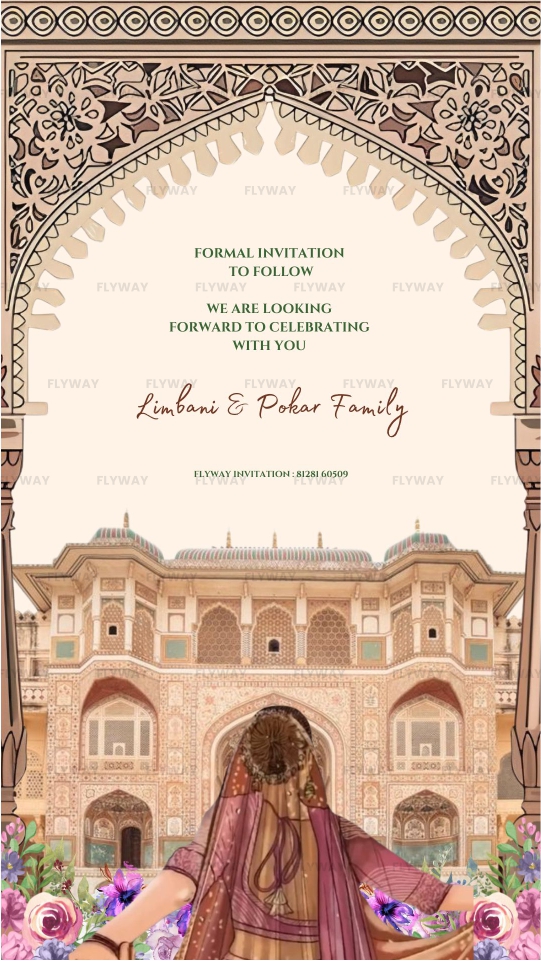 Rajasthan Fort-Themed Save the Date Wedding Invitation Video with Traditional Bride Illustration