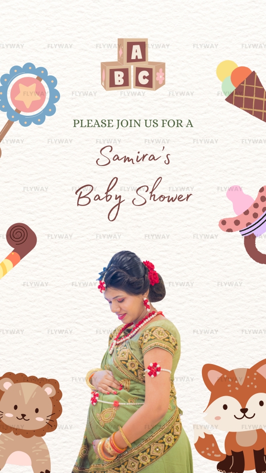 English Baby Shower Invitation with Sweets and Cartoonish Animal Theme
