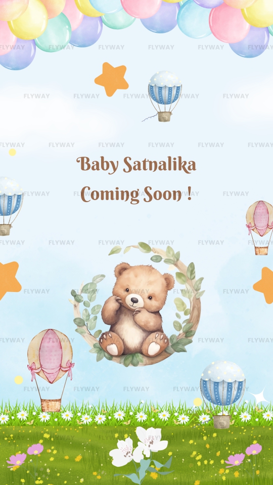 English Baby Shower Invitation with Stars, Balloons, and Teddy Bear Illustration