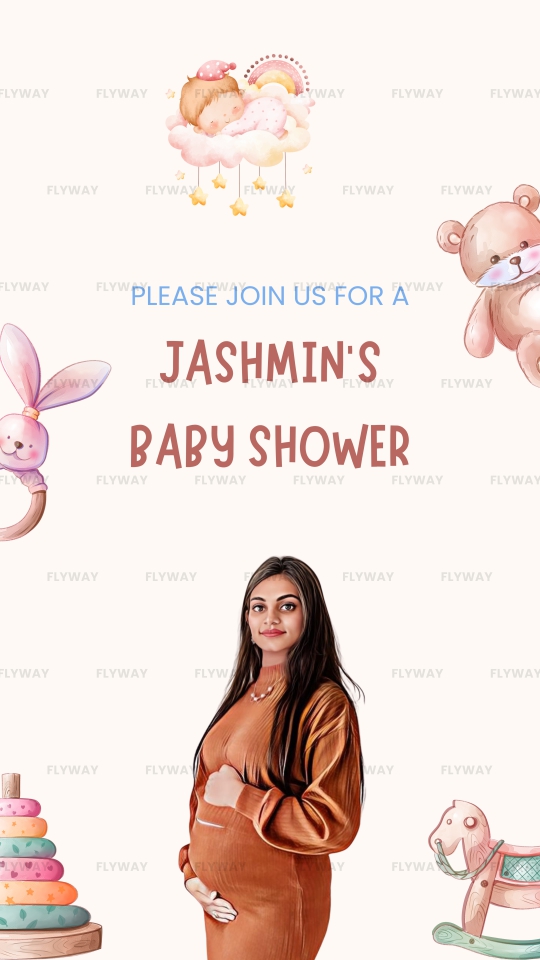 Cartoon-Themed Baby Shower Invitation with Baby Items and Colorful Balloons