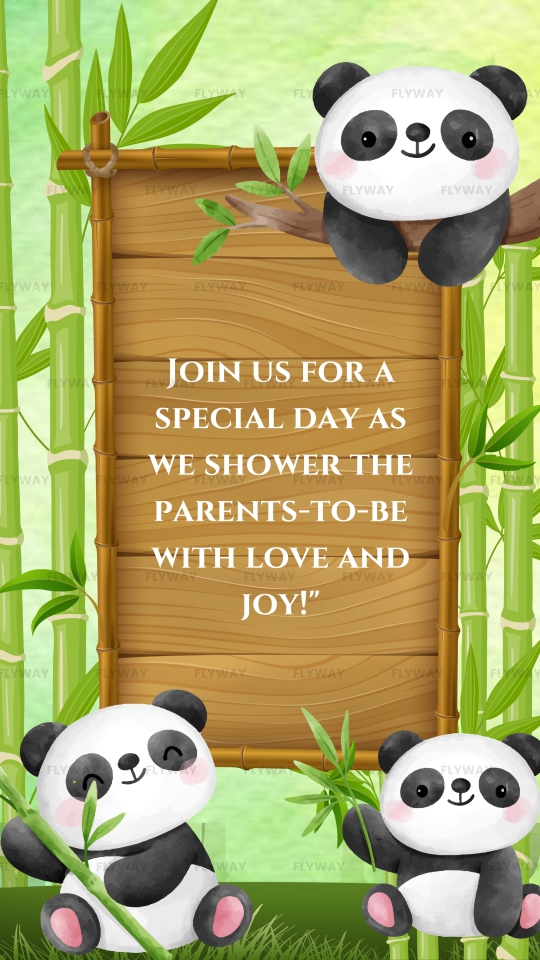 English Baby Shower E-Invite with Cartoon Panda, Leaves, and Greenery