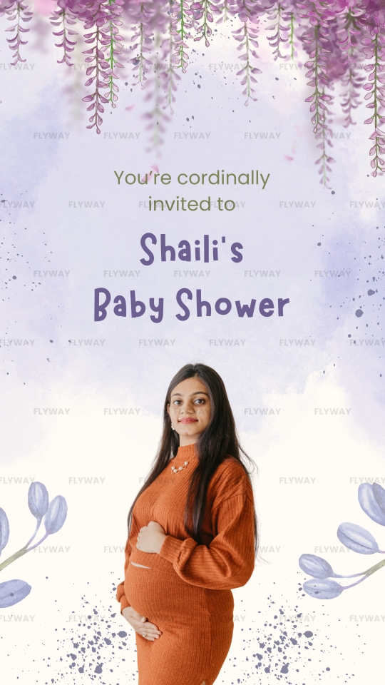 English Baby Shower Invitation with Purple Leaves, Flowers, and Elephant Art