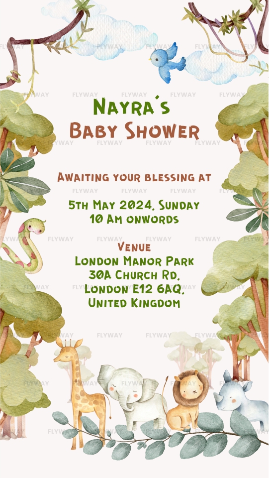 Seemantham E-Invite Featuring Jungle Animals, Birds, and Trees