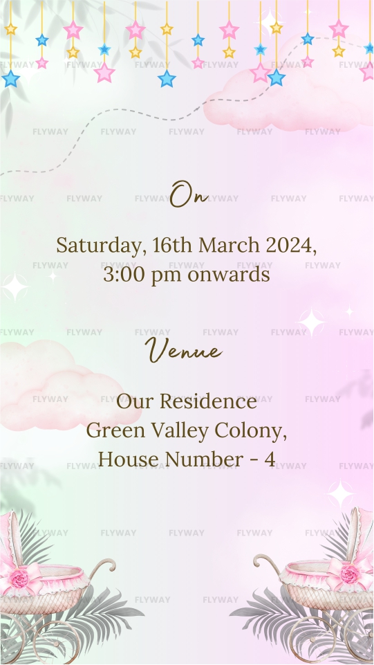 Seemantham E-Invite Featuring Flowers, Clouds, and Unicorn in Minimalist Style