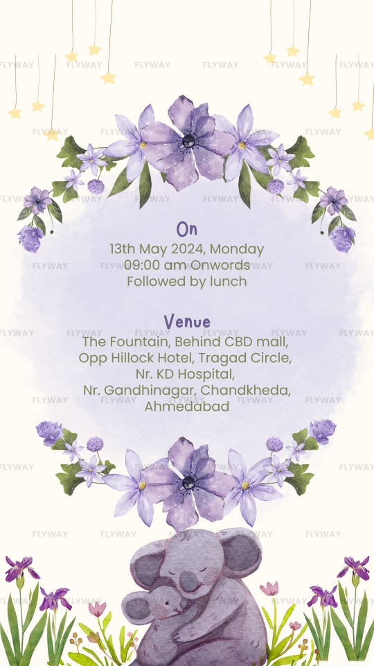 Seemant Vidhi E-Invite Featuring Elephant, Purple Flowers, and Leaves