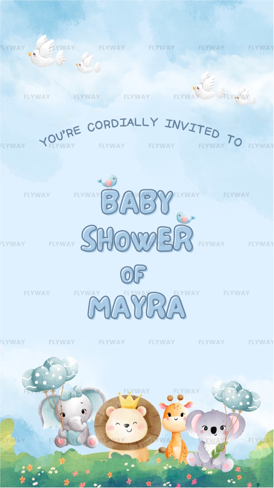 English Baby Shower Invitation with Cartoon Elephant and Lion Toys