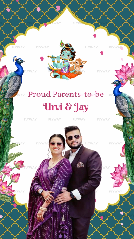 Seemantham E-Invite with God Cartoon Theme, Peacock Elements, and Couple Photo