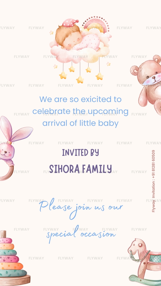 Baby Shower Invitation Video with Baby Toys, Sun, Stars, Balloons, and Doodle