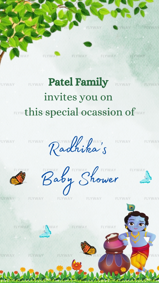 Divine Baby Shower Invitation with Little Radha Krishna and Nature Elements