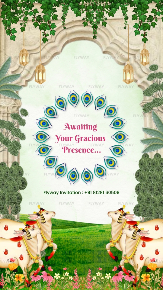 Seemantham E-Invite Featuring Shree Nathji Pichwai Theme with Cows and Florals