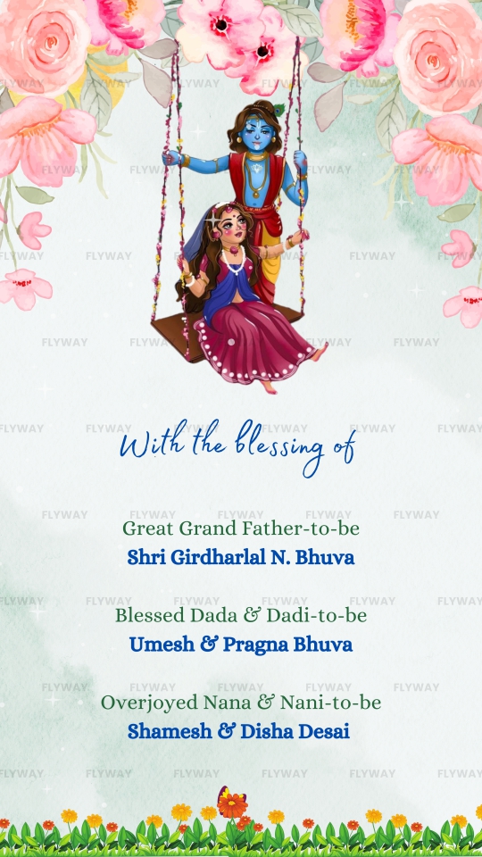Floral Krishna-Themed Seemantham E-Invite with Radhe Krishna and Peacock Feathers