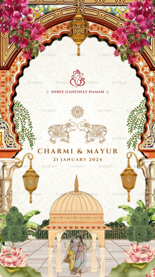Wedding Invitation Video with Radha-Krishna, Mughal Arch, and Tropical Floral Theme