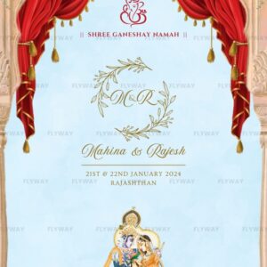 Royal English Wedding E-Invite with Radha-Krishna, Camels, and Mughal Floral Design