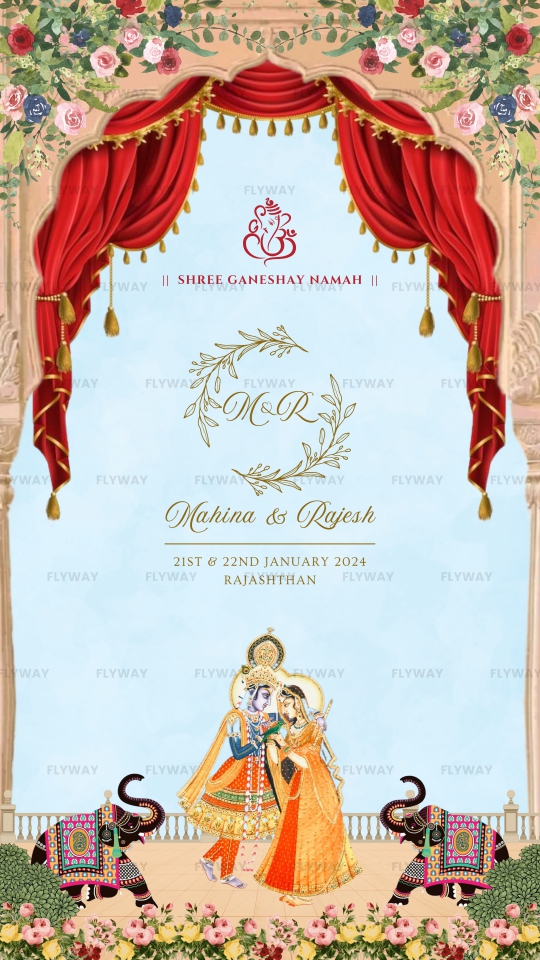 Royal English Wedding E-Invite with Radha-Krishna, Camels, and Mughal Floral Design