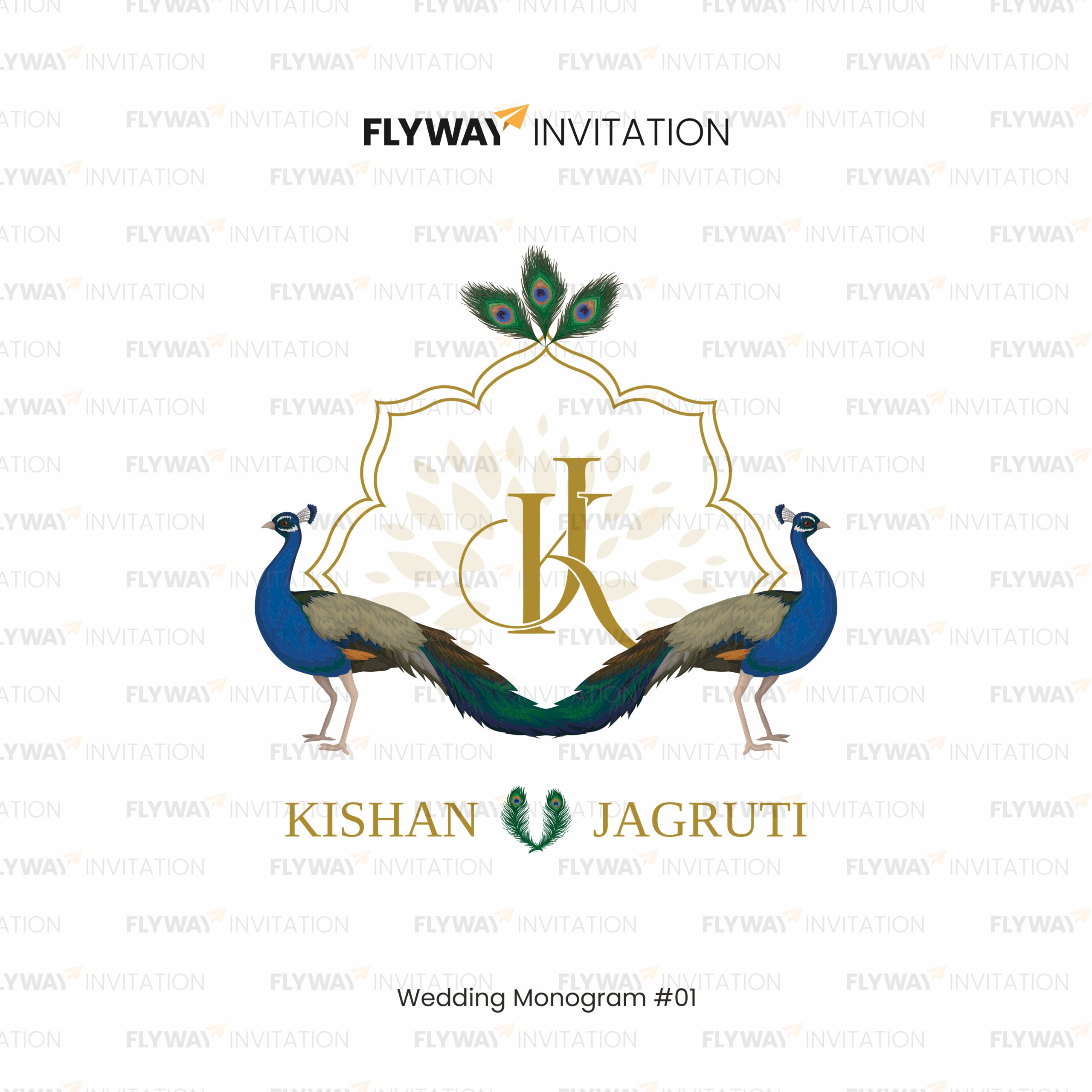 Wedding Monogram for Kishan & Jagruti with Gold Frame, Peacocks and Initials K & J