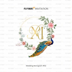 Floral Wedding Monogram for R & M with Golden Circle, Blush Flowers, and Blue Peacock Illustration