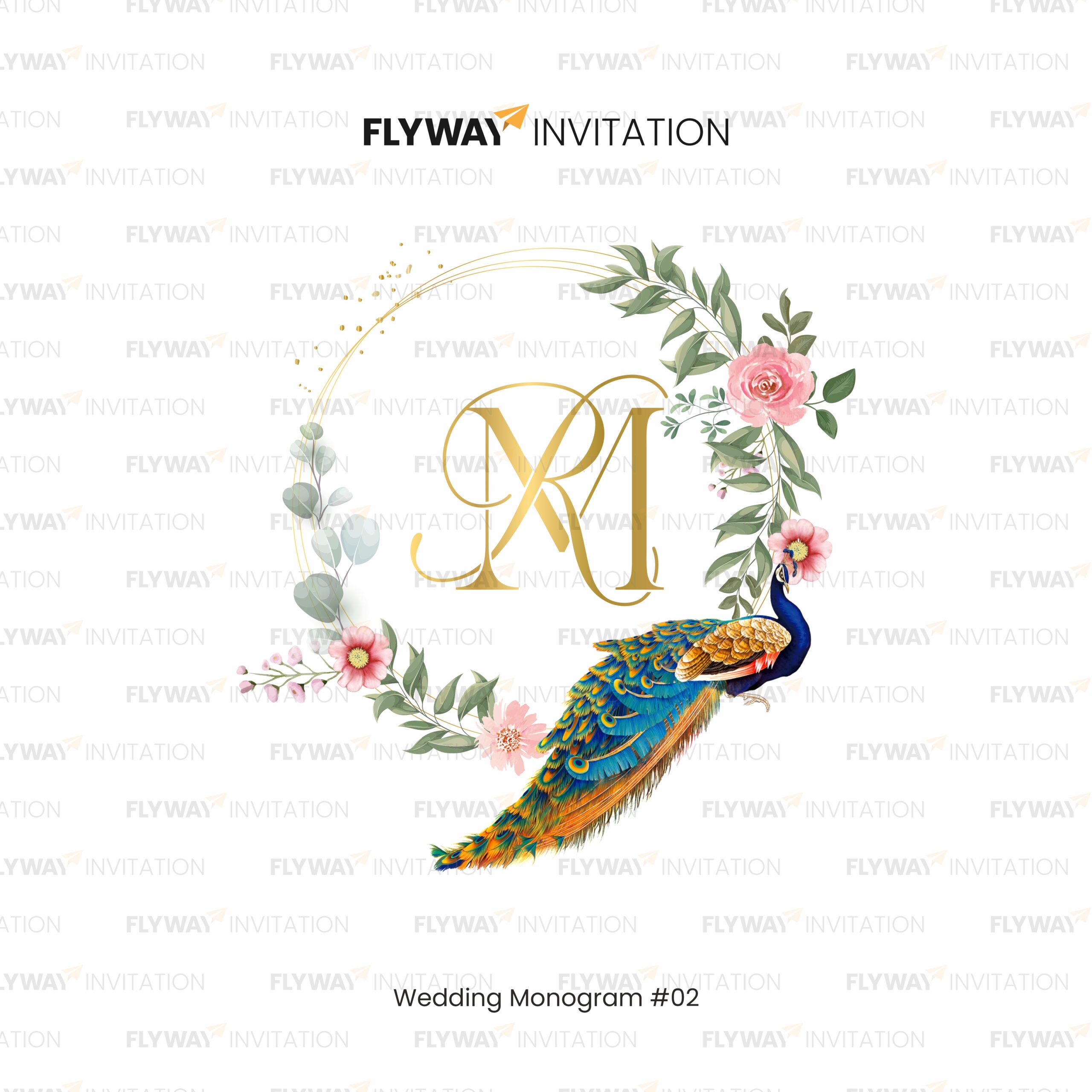 Floral Wedding Monogram for R & M with Golden Circle, Blush Flowers, and Blue Peacock Illustration