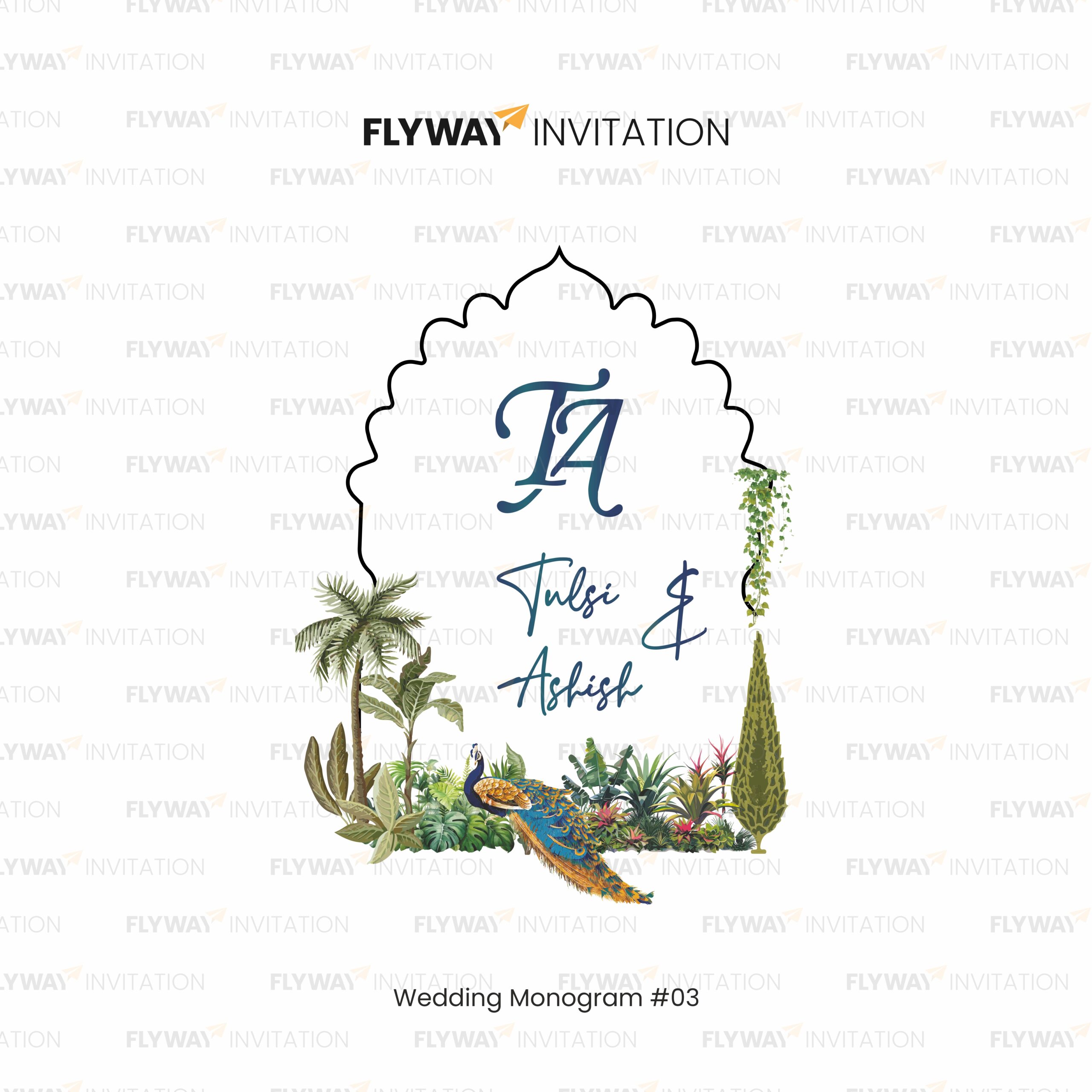 Wedding Monogram for Tulsi & Ashish with Peacock, Mughal Arch, and Lush Green Tropical Plants