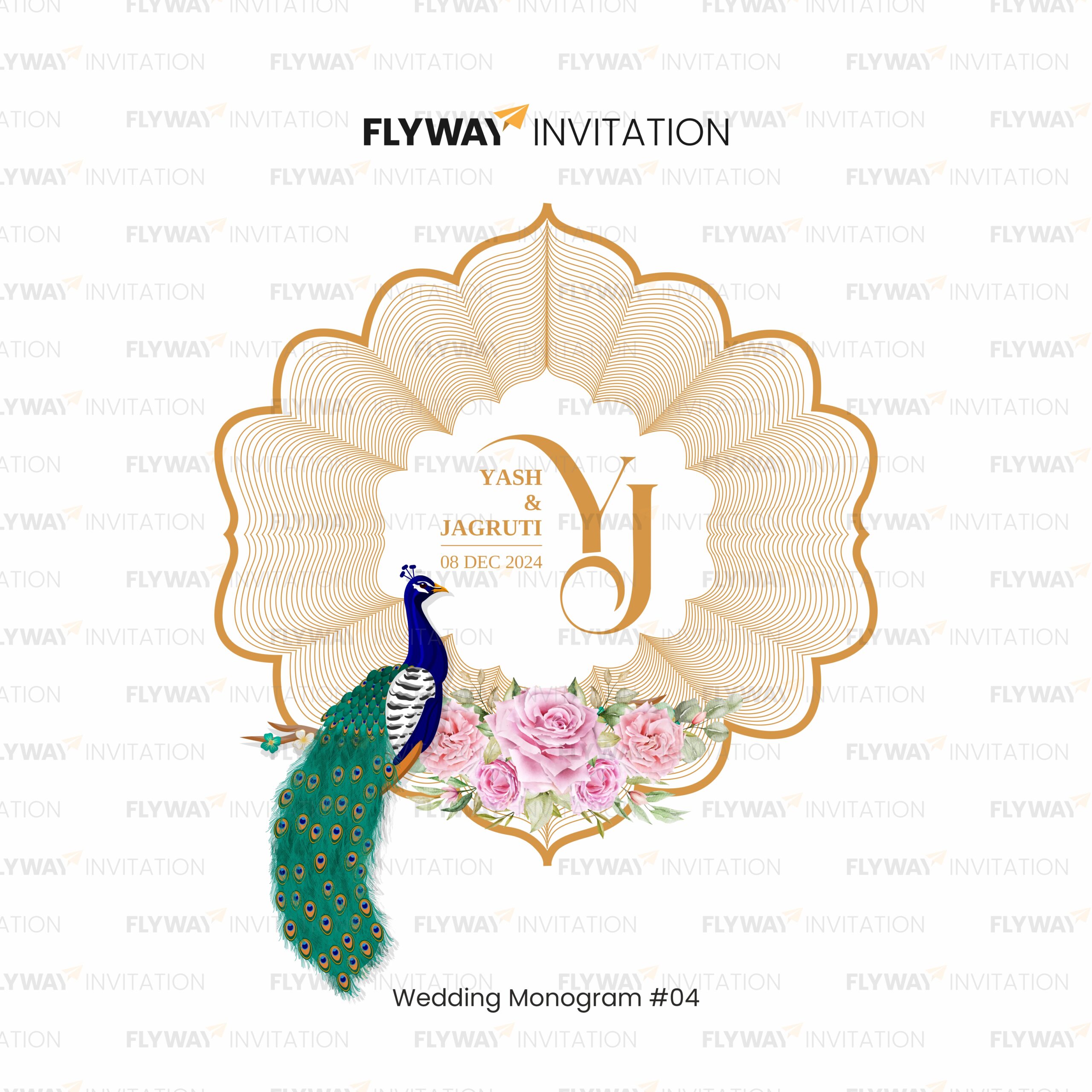 Wedding Monogram for Yash & Jagruti with Golden Sunburst Frame, Pink Roses, Peacock, and Initials Y & J