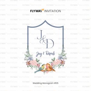 Wedding Monogram with Initials J & D, Blue Shield Frame, Pastel Flowers, and Love Birds for Jay & Dipali