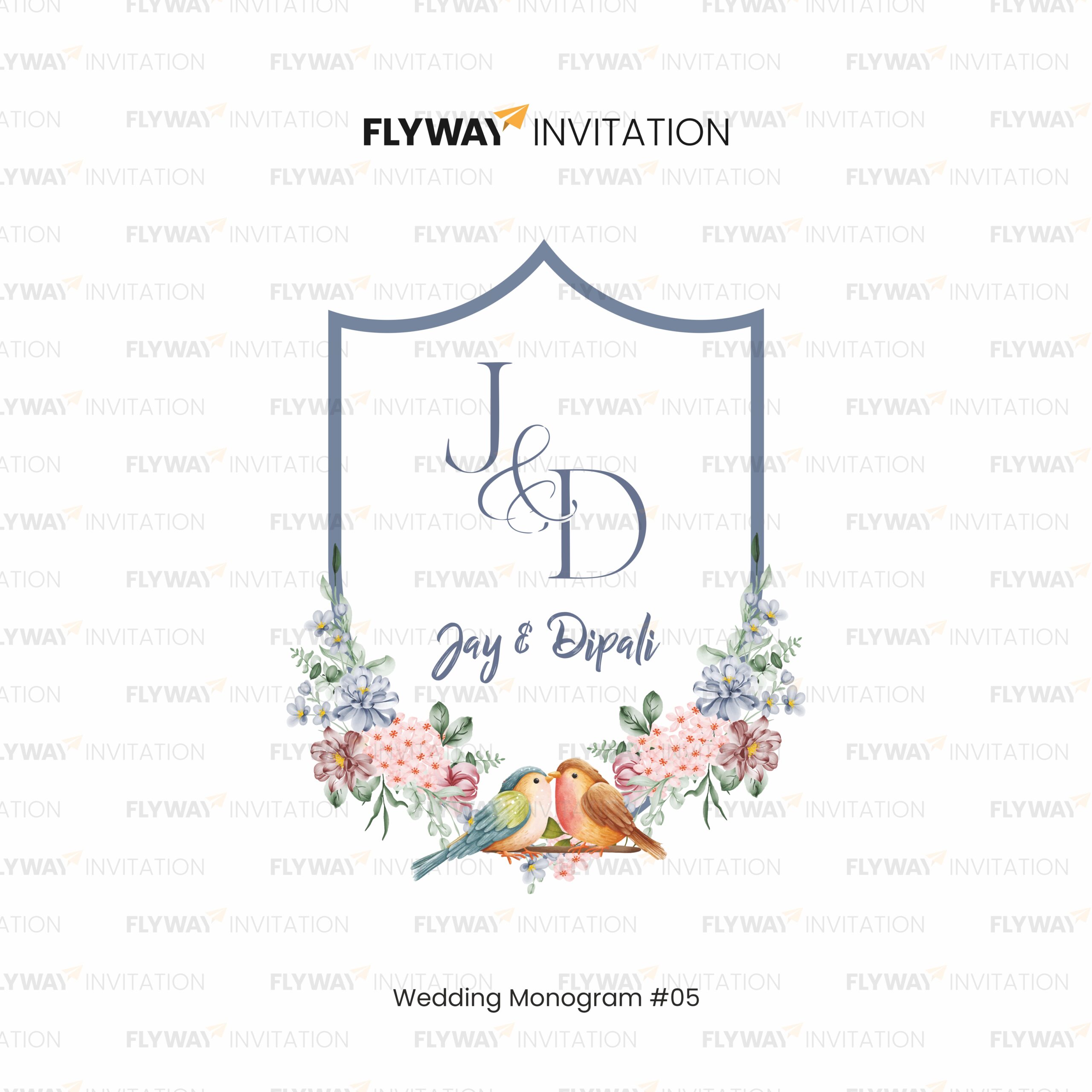 Wedding Monogram with Initials J & D, Blue Shield Frame, Pastel Flowers, and Love Birds for Jay & Dipali