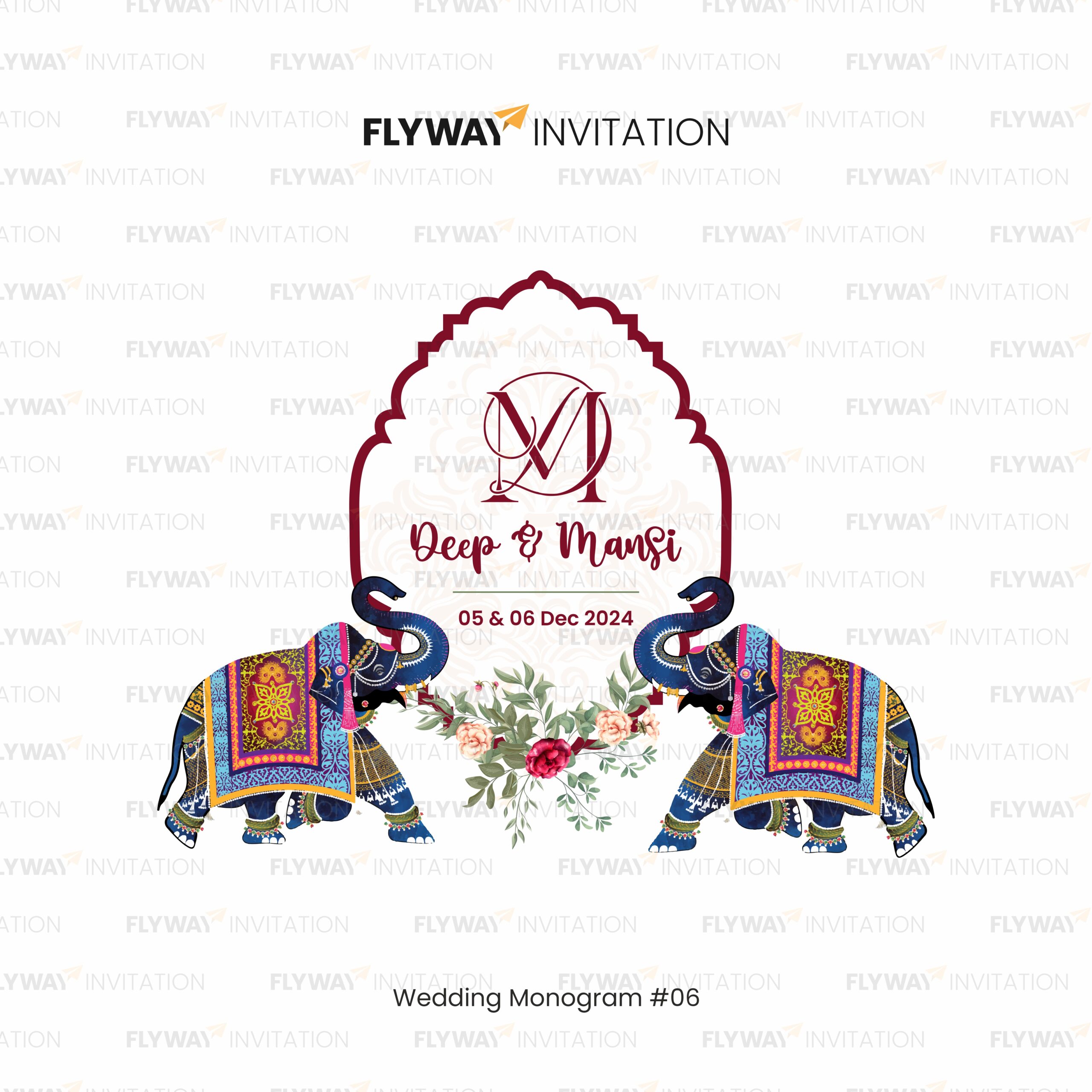 Wedding Monogram for Deep & Mansi with Royal Elephants, Arch Frame, and Floral Base Featuring Initials D & M