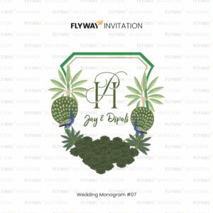 Wedding Monogram for Jay & Dipali with Peacocks, Palm Leaves, and Green Shield Frame Featuring J & D Initials