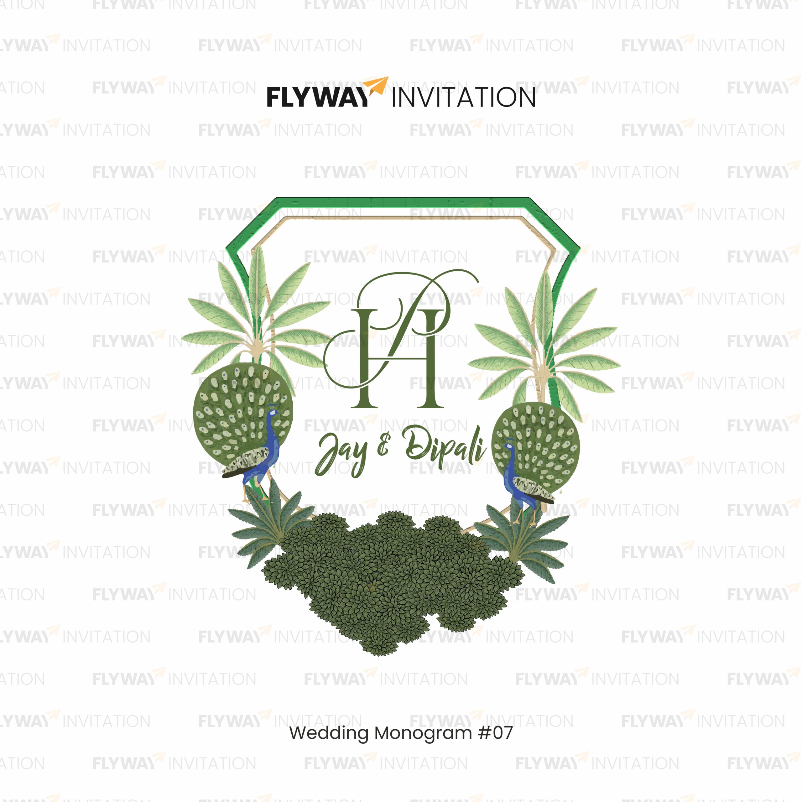 Wedding Monogram for Jay & Dipali with Peacocks, Palm Leaves, and Green Shield Frame Featuring J & D Initials