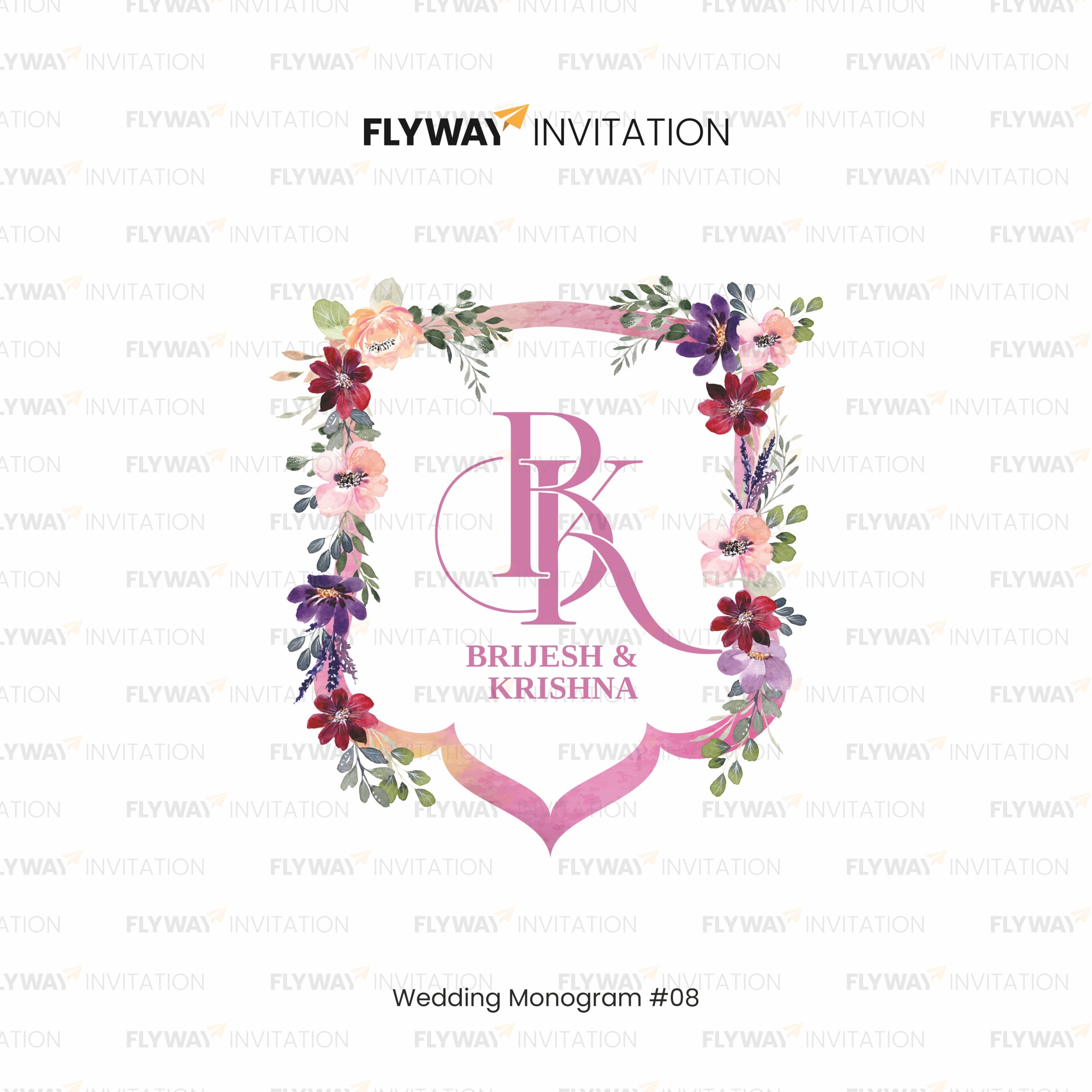 Wedding Monogram for Brijesh & Krishna with Floral Crest, Initials B & K, and Watercolor Pastel Flowers