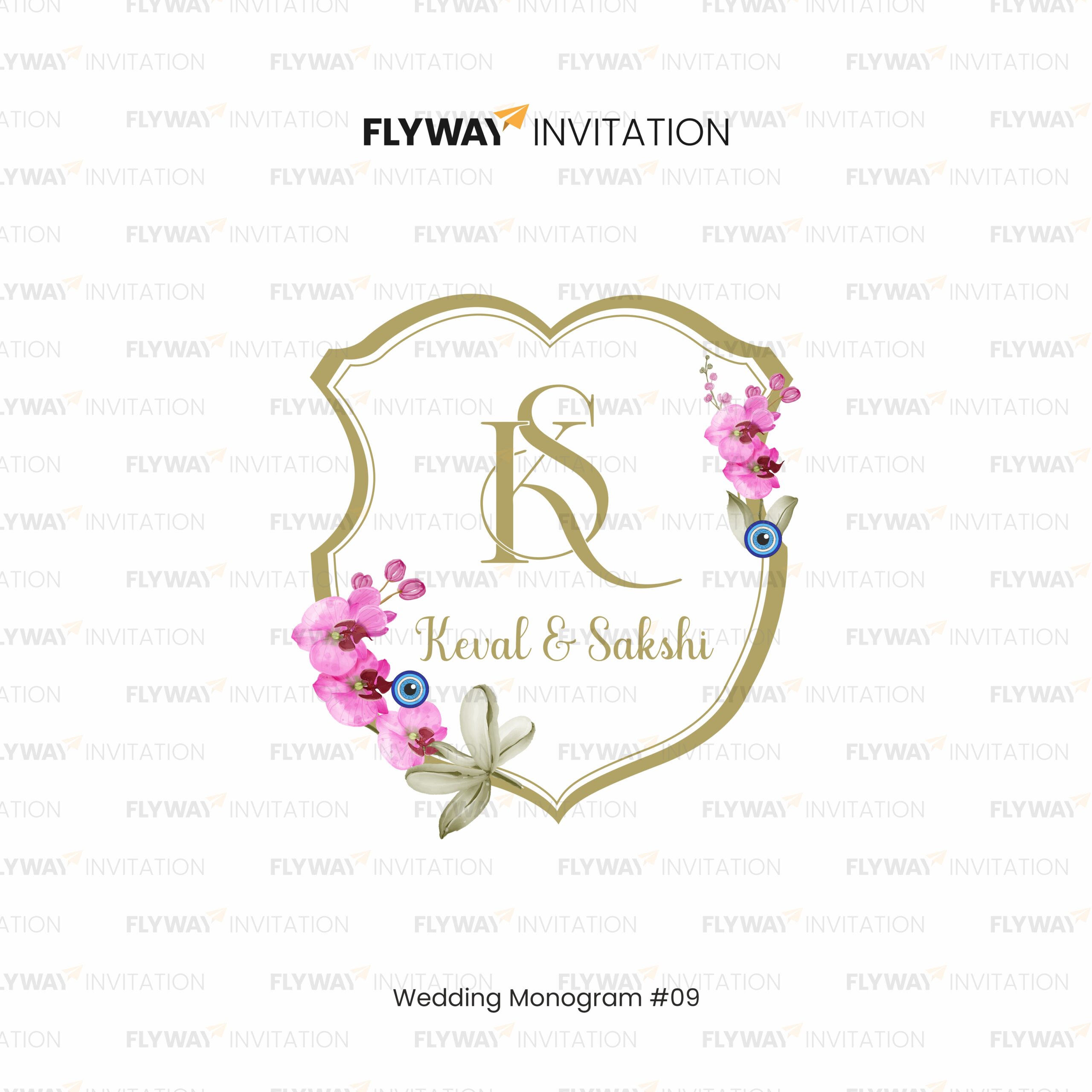 Wedding Monogram with Gold Shield, K & S Initials, Pink Flowers, and Evil Eye Charm for Keval & Sakshi