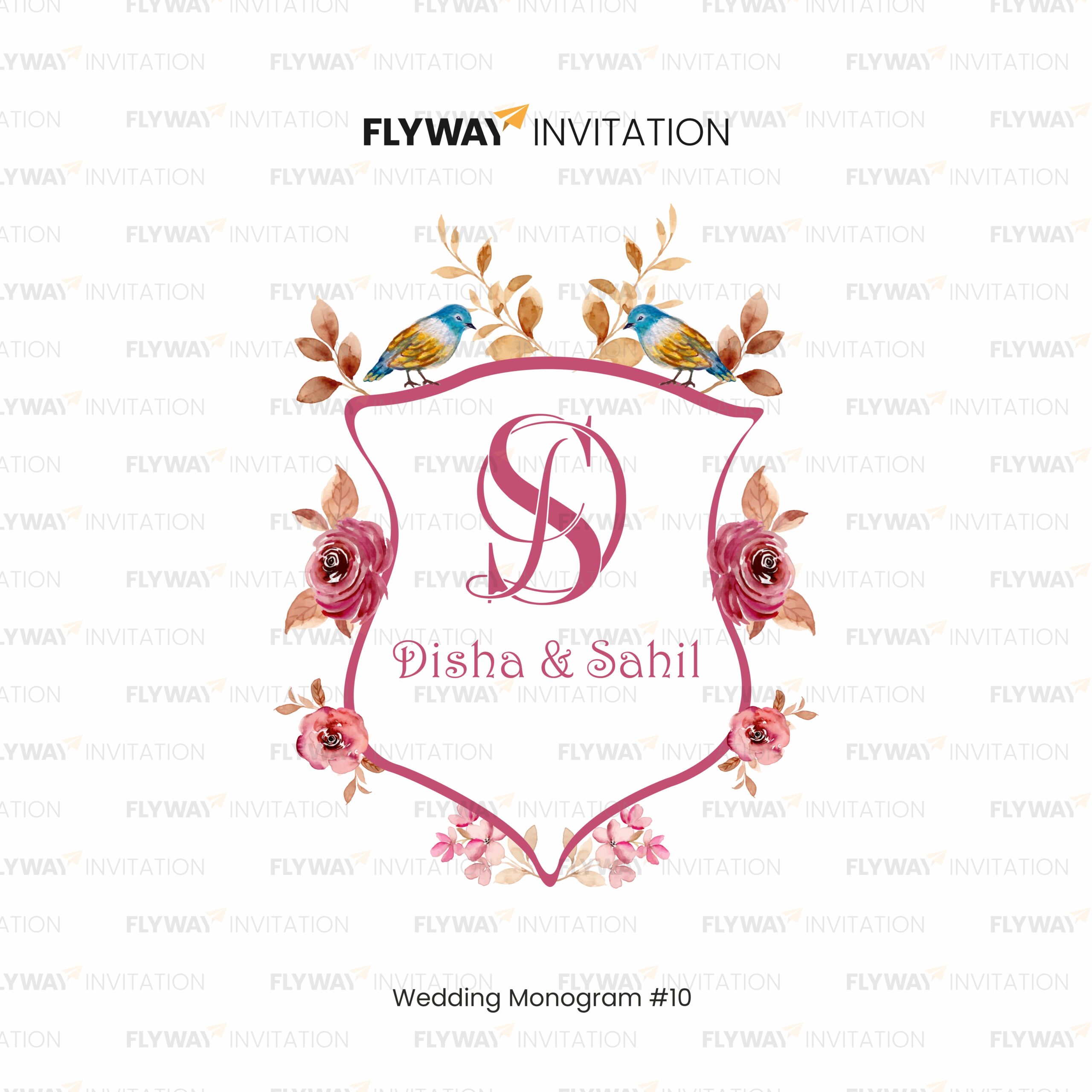 Floral Wedding Monogram with Shield Frame, Initial D, Birds, and Roses for Disha & Sahil