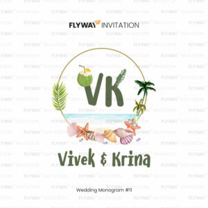 Tropical Wedding Monogram for Vivek & Krina with Beach Shells, Palm Trees, and VK Initials