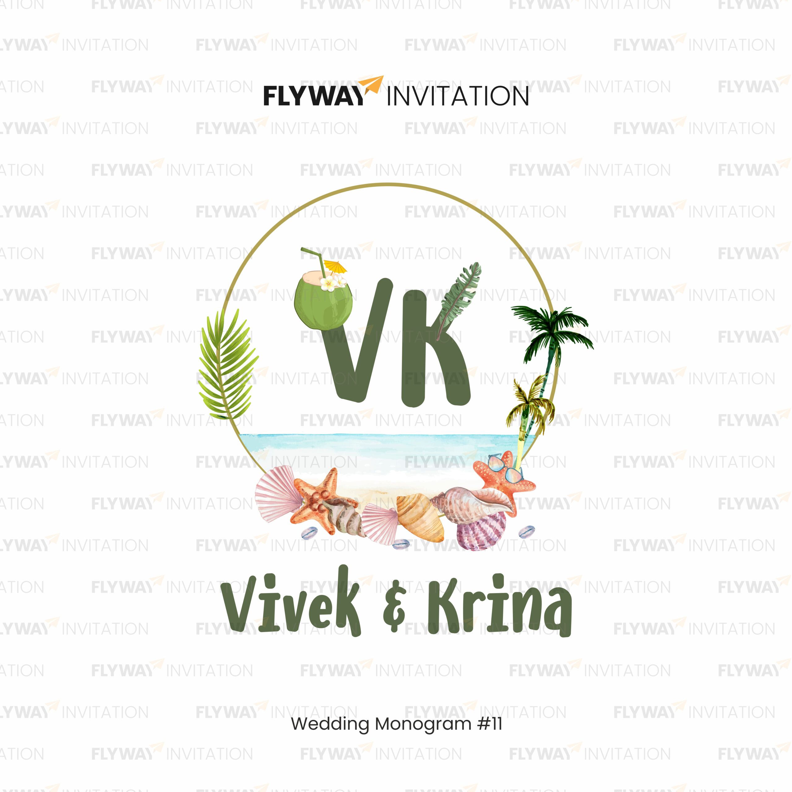Tropical Wedding Monogram for Vivek & Krina with Beach Shells, Palm Trees, and VK Initials