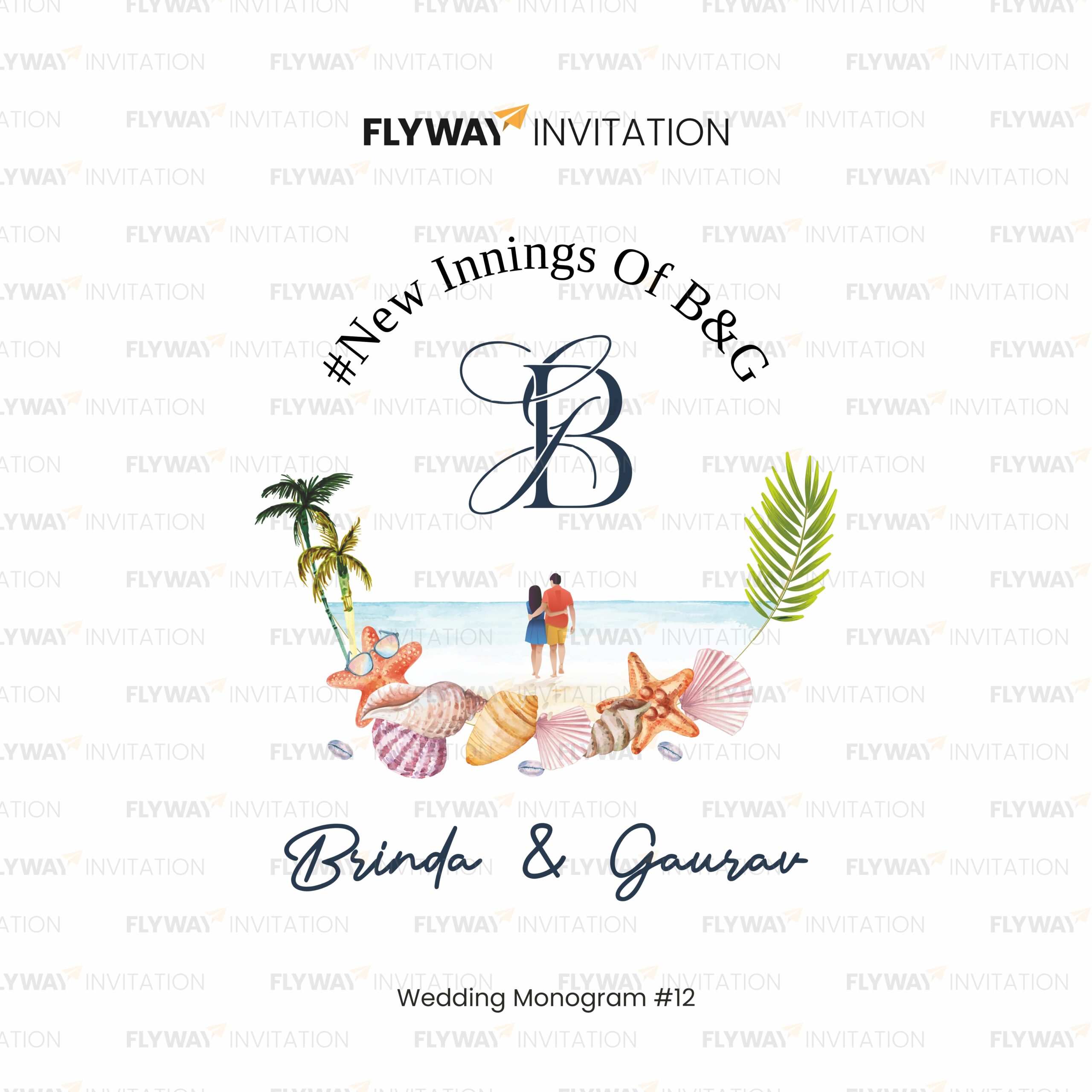 Beach Wedding Monogram with Couple Initials B & G, Ocean Shells, Palms, and Romantic Sunset Illustration