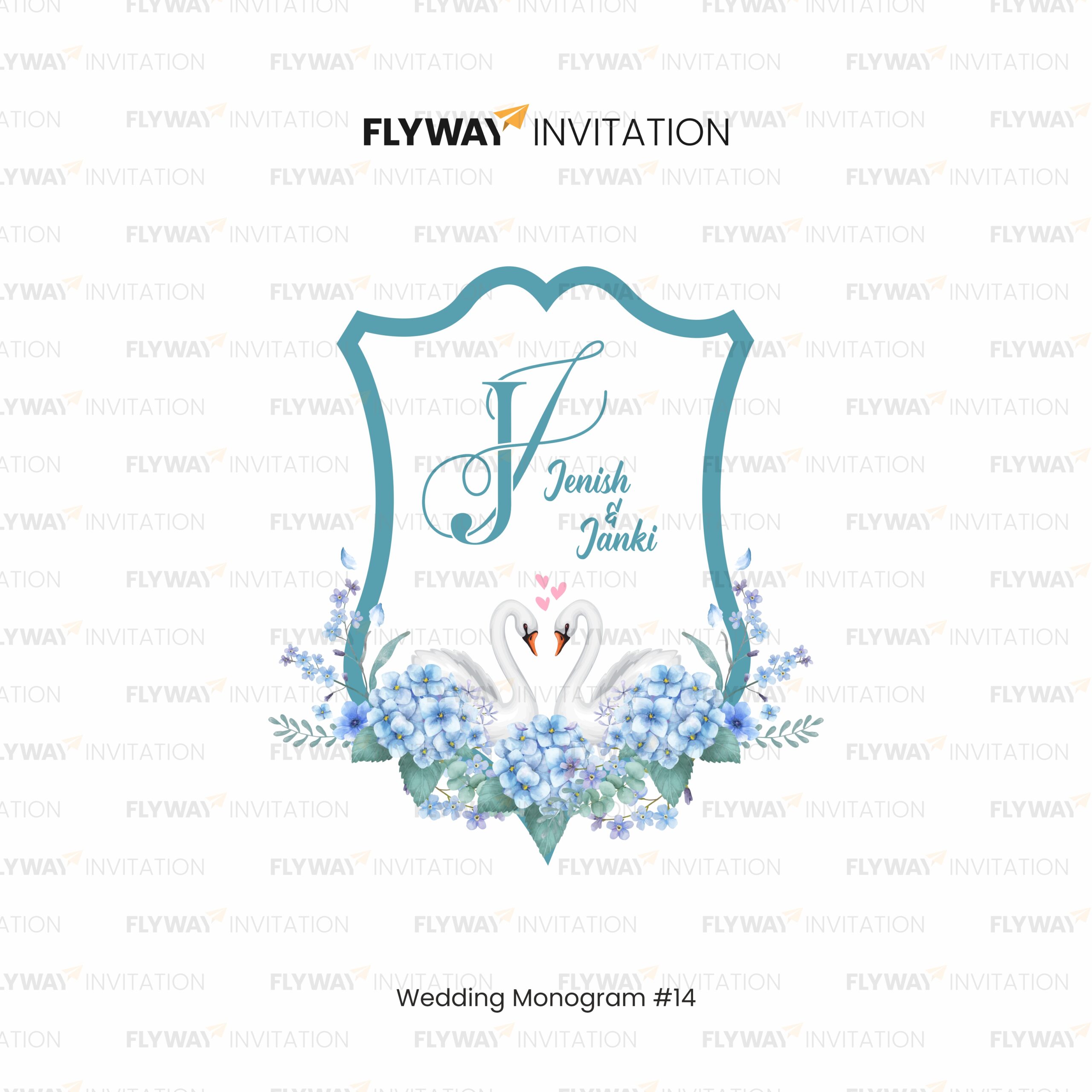 Romantic Couple Monogram with Blue Flowers and Swan Illustration Featuring Initials