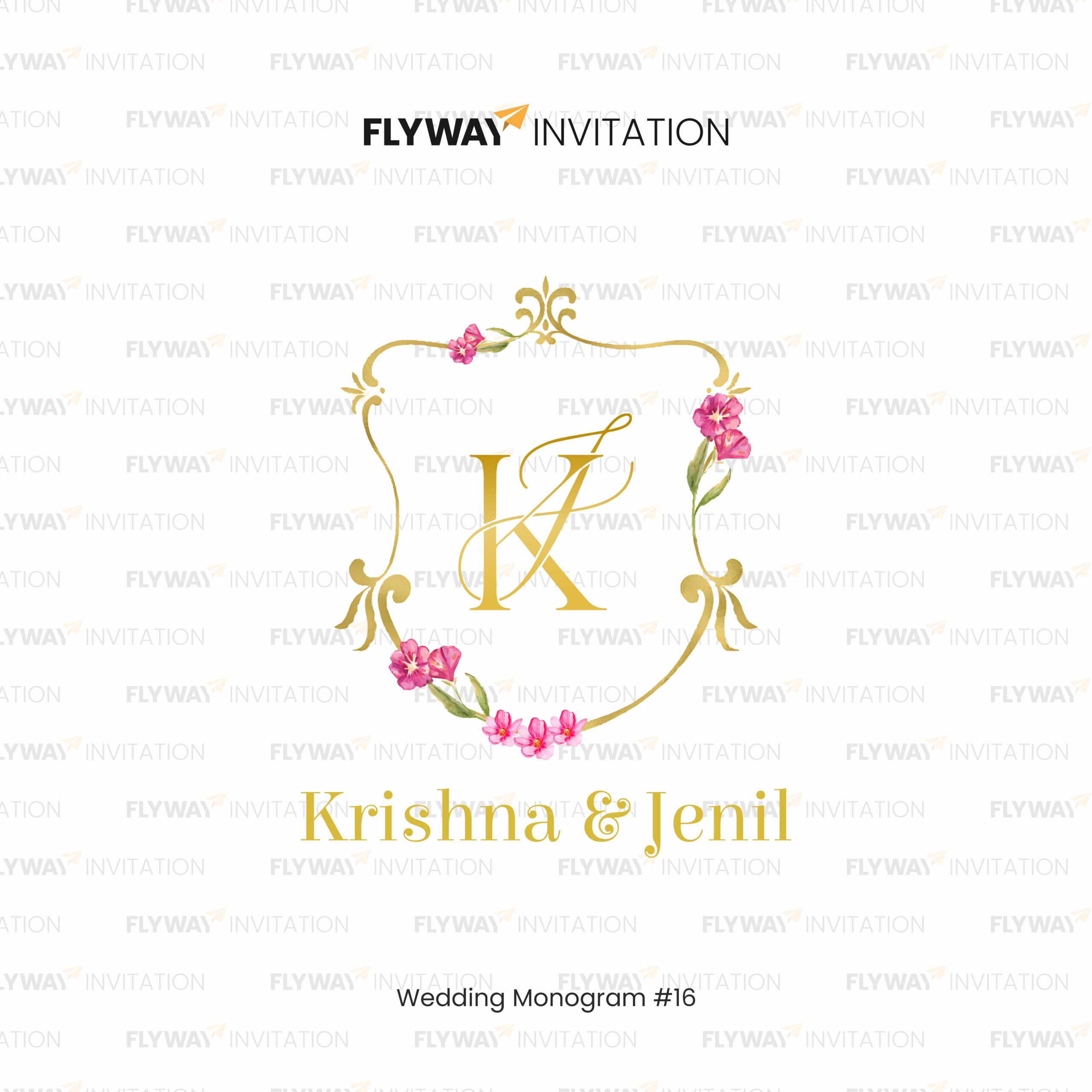 Gold Floral Wedding Monogram with Couple Initials and Pink Flowers – Elegant Logo Design for Invitations