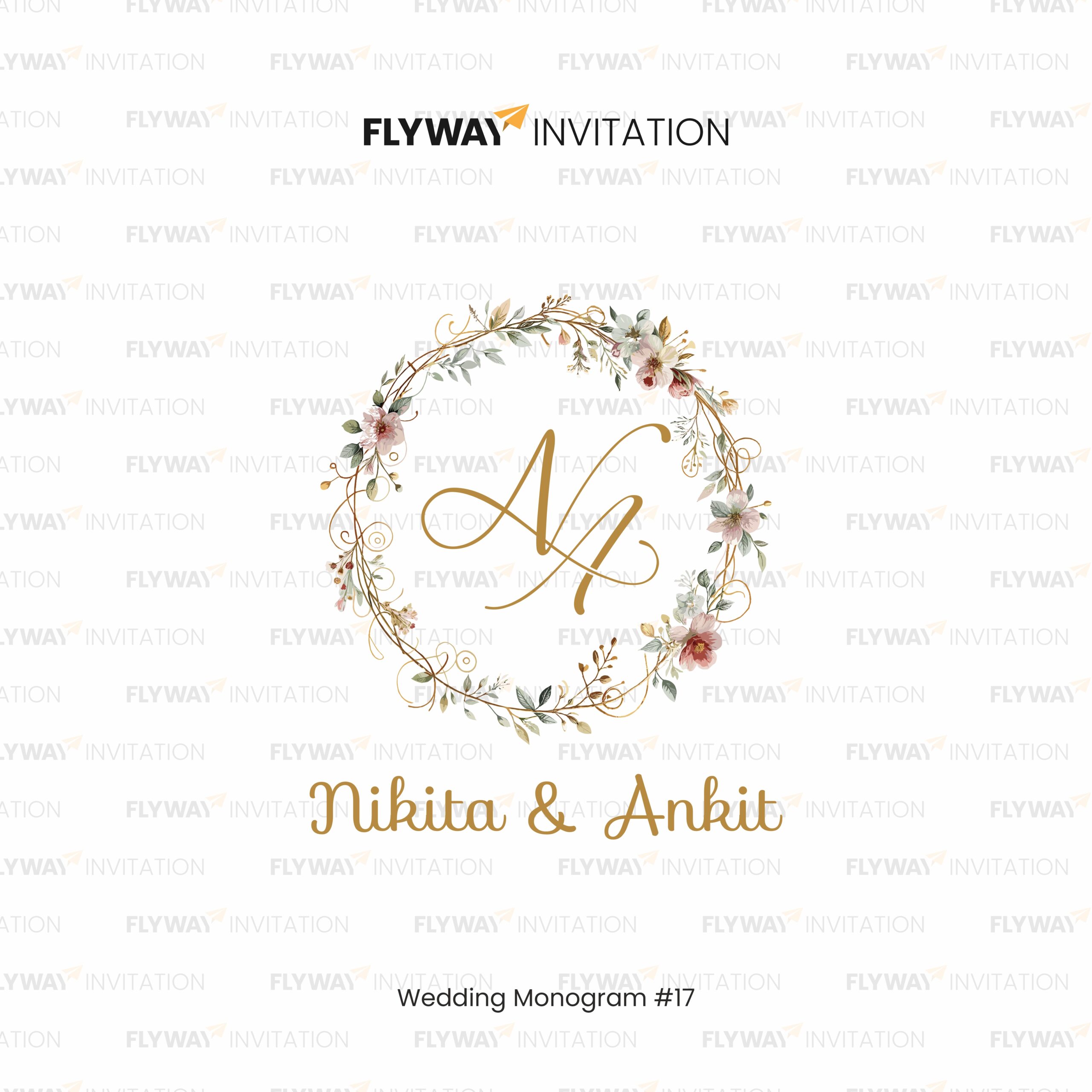 Charming Couple Monogram Design with Blooming Flowers and Gold Circle Frame