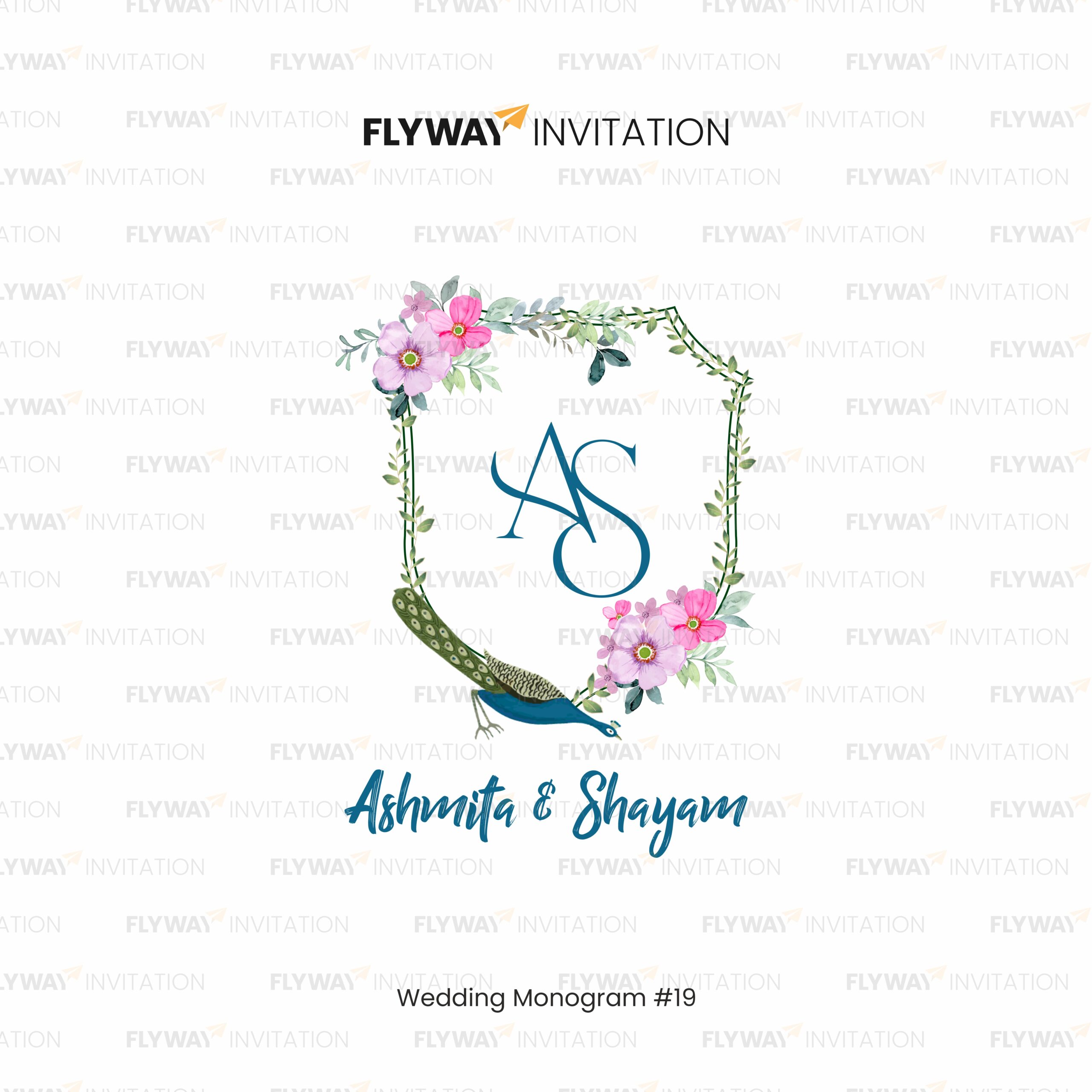 Elegant Peacock Wedding Monogram with Floral Elements and Couple Initials – Digital Logo for Invitations
