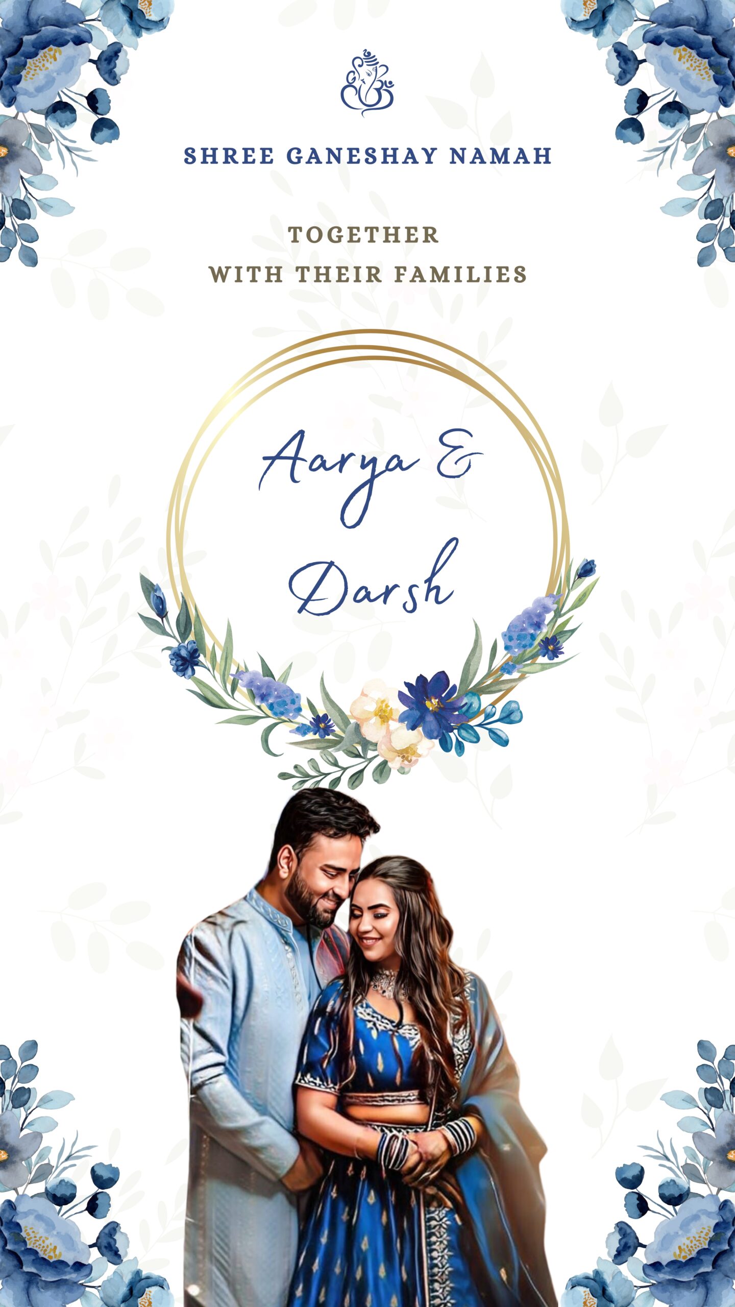 Blue floral engagement e-invite with couple portrait and wreath