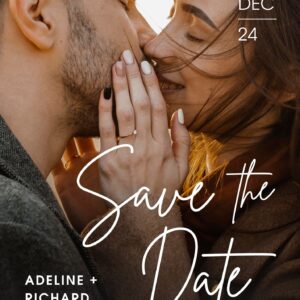 Save the Date wedding invite with a romantic close-up of Adeline and Richard at golden hour