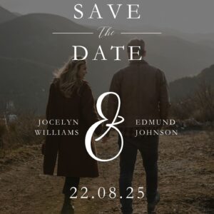 Rustic Save the Date wedding card with a couple walking in nature during golden hour