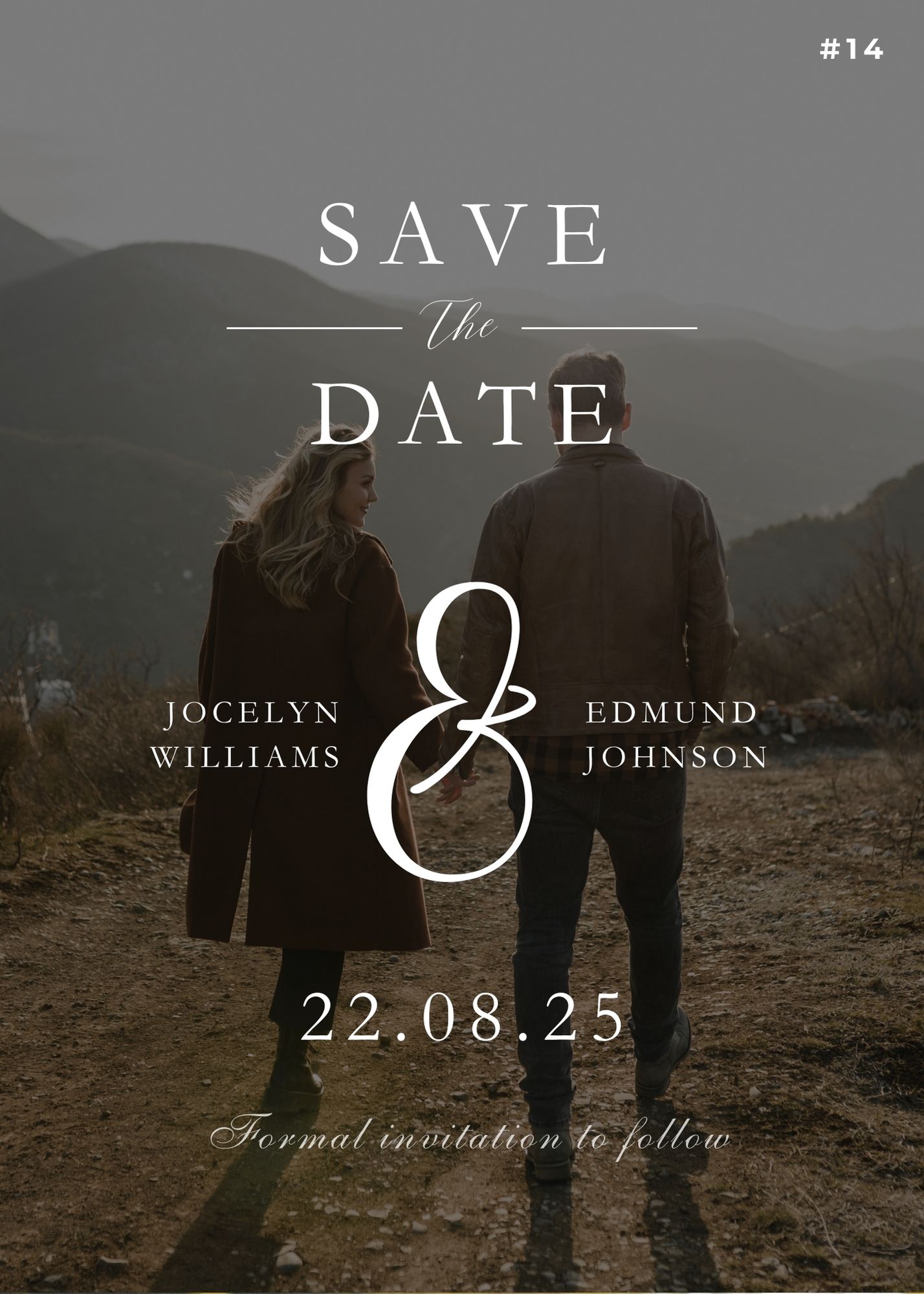 Rustic Save the Date wedding card with a couple walking in nature during golden hour